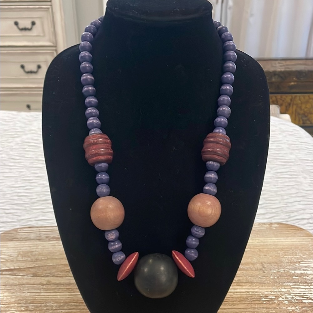 Vintage Large Beaded Purple Brown Wooden Long Statement Necklace